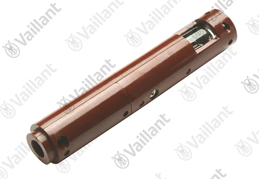 Brauchwasserfühler von Vaillant mit zylindrischer Form und mehreren Bohrungen zur Befestigung. Gezeigt ist die Vorderansicht des Sensors.